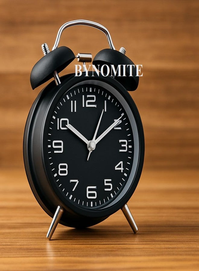 BYNOMITE ساعة منبه أنيقة بتصميم عتيق من BYNOMITE، بهيكل أسود غير لامع ولمسات منتصف الليل، تصميم تناظري كلاسيكي لغرفة النوم أو المكتب أو ديكور المنزل - Image 1